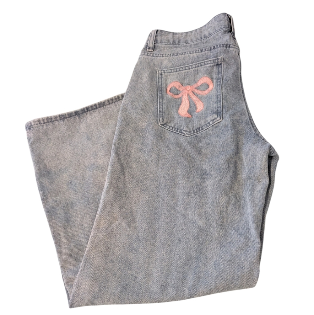 J for Justify Coquette women's blue wide leg jeans with embroidered bows size M